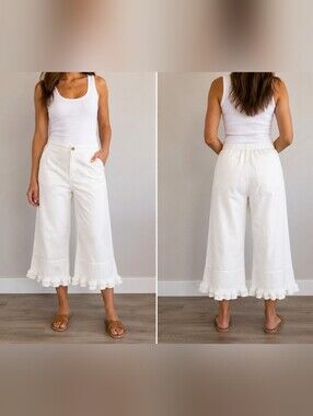 Imily Bela NWT White Wide Leg Crop Pants Ruffle Hem Cotton Size 8 Cottagecore